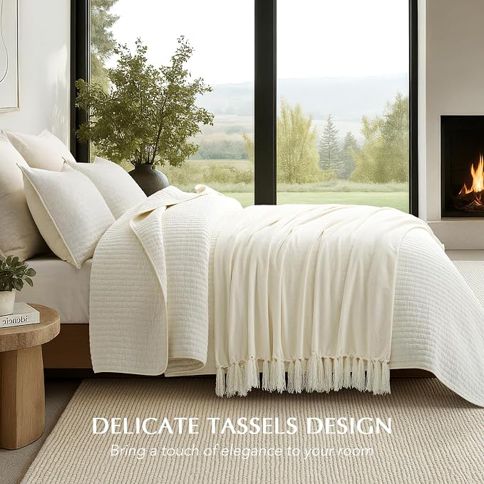 Chenille Knit Throw Blanket for Couch, 50"x60", Ivory White | Cozy Plush Fuzzy Knittd Throw with Tassels, Lightweight, Decorative, Farmhouse Decor, Ideal for Bed Sofa Gift, All Seasons