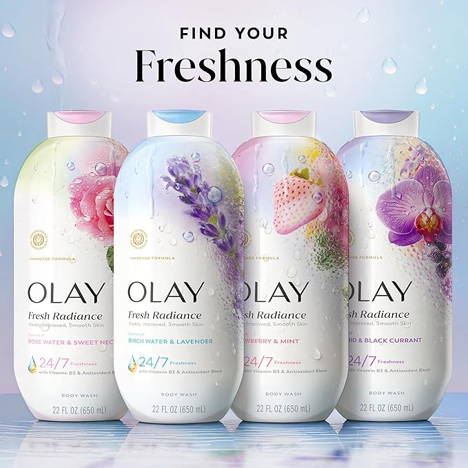 Olay Body Wash for Women, Fresh Radiance, 24/7 Skin-Loving Freshness, Visibly Radiant, Plant Based Cleansers, Vitamin B3 & Antioxidant Blend, For All Skin Types, Birch Water & Lavender Scent, 22 fl oz