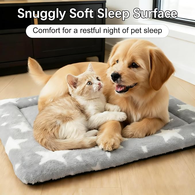 Dog Bed Mat – Soft & Comfortable Dog Kennel Pad for Crate – Durable Crate Bed & Mat for Dogs & Cats – Ideal for Crate, Kennel, and Home Use (Big&Little Stars Grey, S(24"*18"*1.5"))