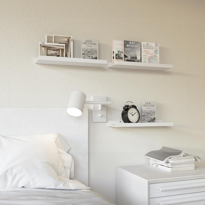 RICHER HOUSE 3-Set Floating Shelves with Lip, White Small Wall Shelf, 16In | Display Picture Ledge Shelf, Anti-drop lip Shelf for Room Wall Decor, Bedroom Bathroom Storage Nursery Books, Easy Setup,Wood