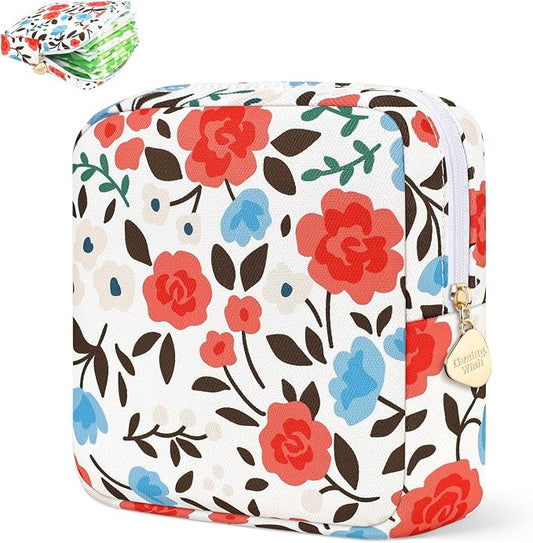 Sanitary Pad Storage Bag Portable Period Bag for Teen Pads/Sanitary Napkins/Small Tampons, Sanitary Napkin Storage Bag First Period Gifts for Teen Girls (Rose Garden)