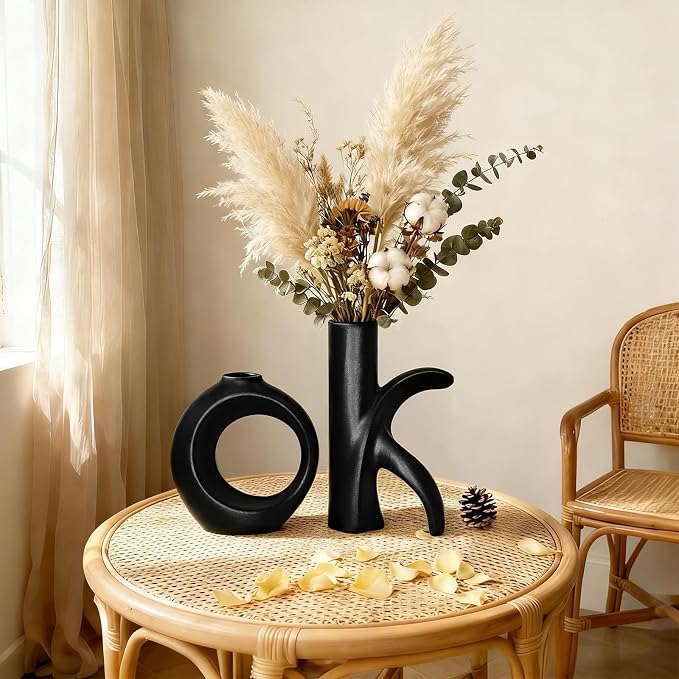 Assemble OK Ceramic Vase Set of 2 for Home Decor, Modern Boho Ins Style Matte Vase for Pampas Grass for Table Centerpiece, Living Room, Shelf, Mantle, Housewarming Gift (Black Vase)