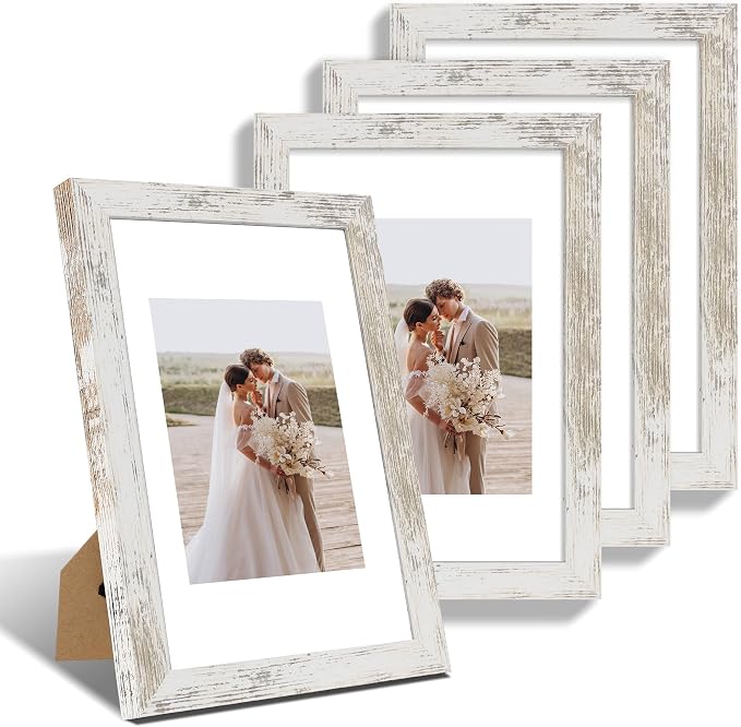 Hongkee 8x12 Picture Frame Set of 4, Made of Glass and Distressed White Wooden Frame - Display 6x8 Picture with Mat or 8 x 12 Poster Without Mat, 8 by 12 Photo for Wall or Tabletop