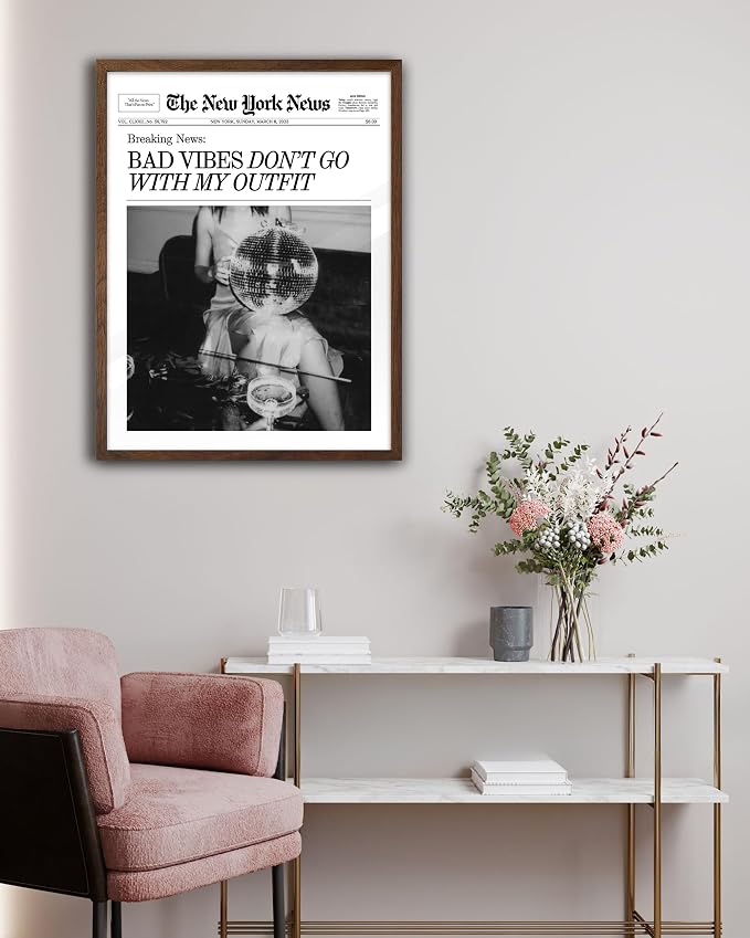 EcoHest 12x16 in Bad Vibes Don't Go With My Outfit Framed Wall Art | Walnut Color Solid Oak Frame, Canvas Wall Art, Disco Fashion Newspaper Wall Decor for Bedroom, Apartment, Dorm, College,1Pack