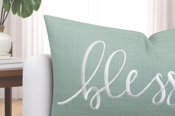 EURASIA DECOR Blessed Embroidered Lumbar Pillow Cover 12x20, Light Teal | Raised ivory script on light teal; scripture faith gift, cotton, hidden zip, solid back, cover only