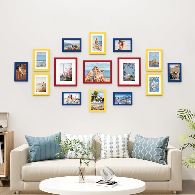 Vittanly 15 Pack Gallery Wall Frame Set, Red, Yellow, Blue | Picture Frames Collage Wall Decor: 3pcs 8x10, 6pcs 5x7, 6pcs 4x6. Picture Frame Set for Wall or Tabletop Display