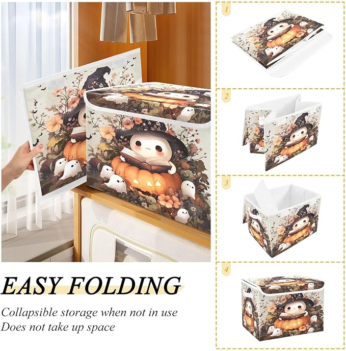 Ghost Wearing Witch Hat Storage Bins with Lids and Carrying Handle,Foldable Storage Boxes Organizer Containers Baskets Cube with Cover for Home Bedroom Closet Office