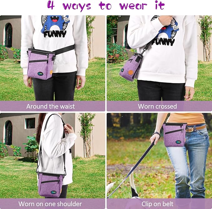 Ownpets Dog Training Pouch with Silicone Liner, Pet Treat Training Pouch with Collapsible Bowl, Shoulder Strap & Waist Strap, 4 Ways to Wear, Walking Fanny Pack for Dog Training - Purple