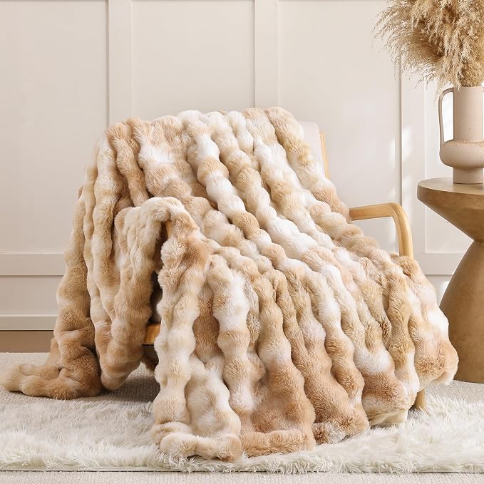 Faux Fur Throw for Couch - Tie-dye Camel Bubble Blanket 60"x80" | Fluffy Plush Fuzzy Throw for Sofa & Bed, Super Soft Cozy Comfrt Blanket, Luxury Aesthetic Camel Decor Gift for Women