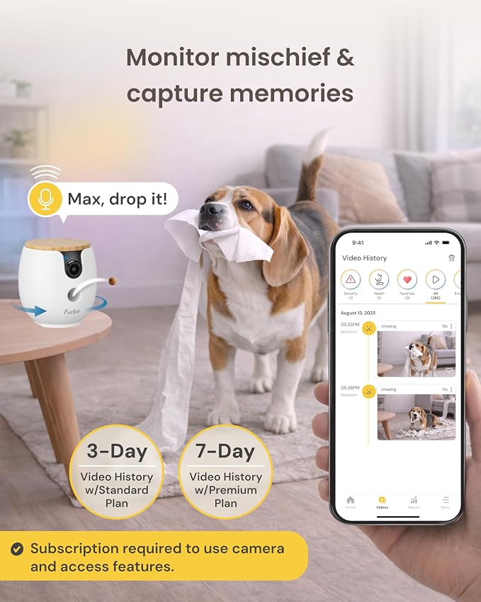 Furbo Mini 360° Pet Camera [Paid Plan Required to Activate] | Stay connected with AI Pet & Home Safety Alerts, 2K QHD View, Auto-Tracking, Video History, 2-Way Audio, Paid Plan Required