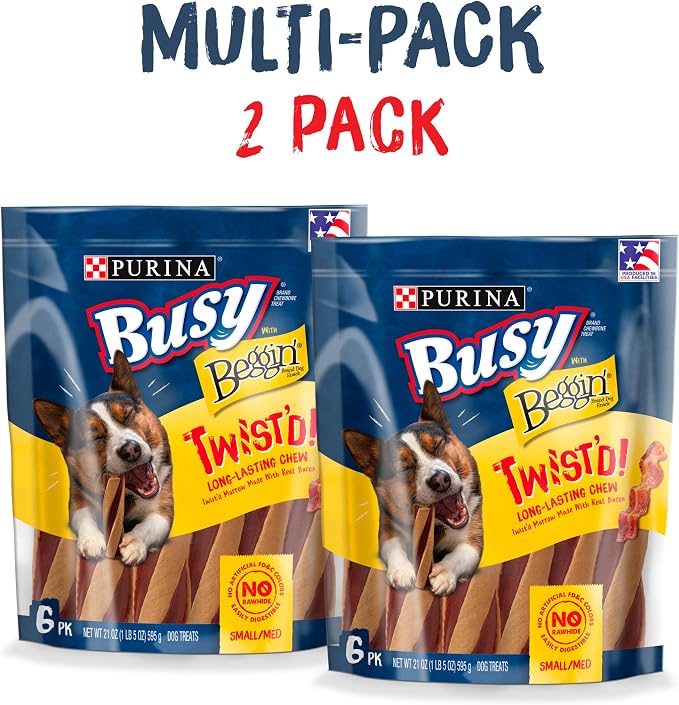 Purina Busy with Beggin Twisted Small/Medium Dog Treats, (2) 6 ct Pouches | Bacony dog treat wrapped around long-lasting Busy chew, rawhide free with real meat, for medium and small dogs 25+ lbs