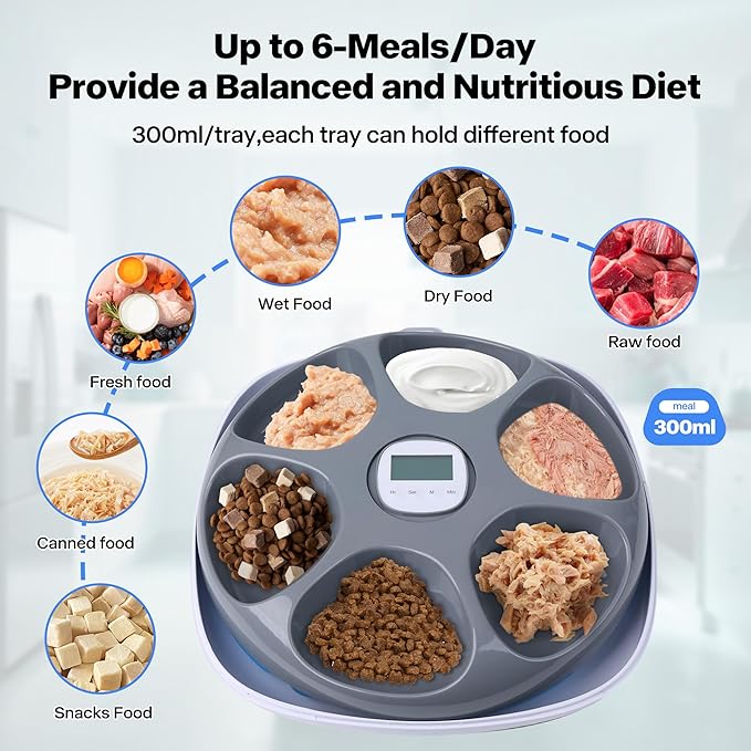 PetPrime 6-Meal Automatic Cat Feeder with Two Ice Packs,Cordless Rechargeable Cat Food Dispenser for Cats and Small Dogs Wet Food Auto Pet Feeder White