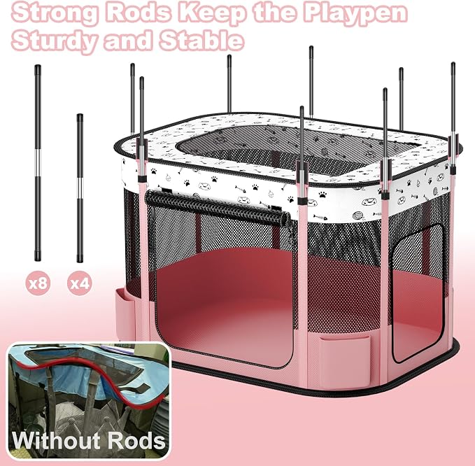 Portable Cat Playpen, 8-Rod Reinforced Kitten Dog Playpens, Foldable Play Pen for Indoor Cats Enclosed Pet Puppy Doggy Outdoor, Collapsible Tent Kennel Cage, Pink