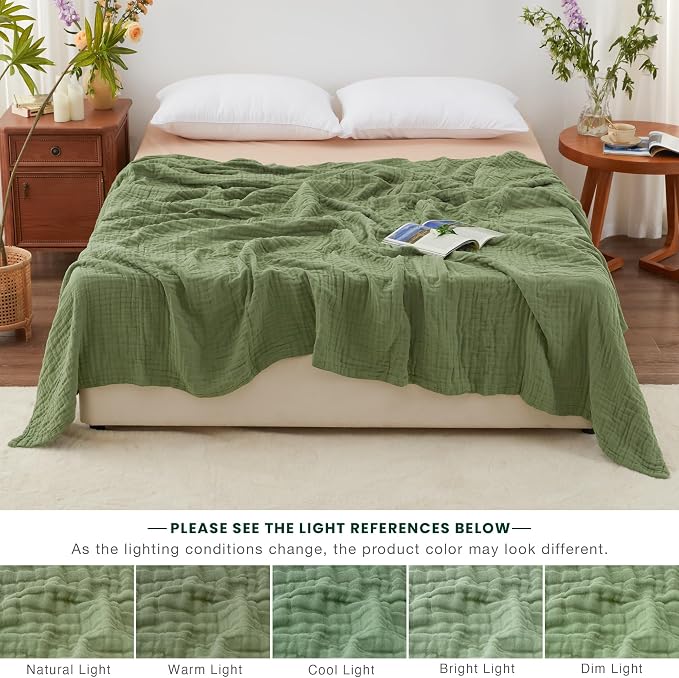 Love's cabin 100% Cotton Muslin Blanket, 6 Layer Lightweight Breathable Gauze Queen Size Blanket 90 x 90 Inches, Soft All Season Blanket for Bed, Sage Green