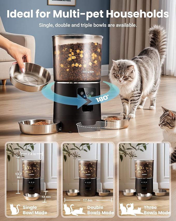 Automatic Cat Feeder with 3 Bowls, Strong Anti-Jam System, Dual-Effect Desiccant, Smart WiFi App Control Pet Feeder, Glossy Black