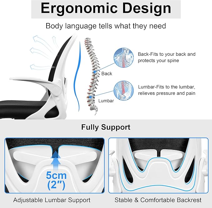 Primy Ergonomic Drafting Chair with Flip-up Armrests Tall Office Chair for Standing Desk Comfortable Desk Chair with Adjustable Footrest Ring and Lumbar Support in Gray Perfect for Home (White)