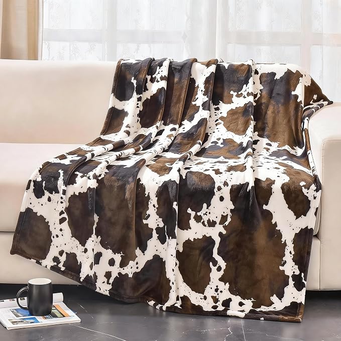 Bnuitland Brown Cow Print Flannel Throw Blanket (60x80 Inches), 300 GSM Double Sided Twin Size Bed Fleece Blanket, Super Soft Cozy Outdoor Lap Throw, Lightweight Fuzzy Home Decor