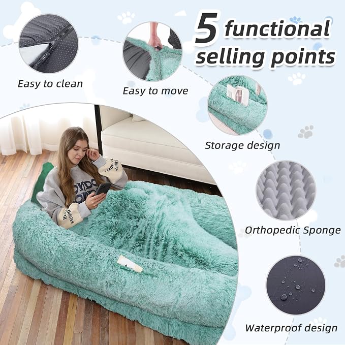 WROS Human Dog Bed for Adult, 71"x45"x12" Calming Nest Beds, GreenWhite | Washable Soft Faux Fur Cover, Orthopedic Foam Support, Non-slip Bottom, Includes Blanket, Strap & Pillow