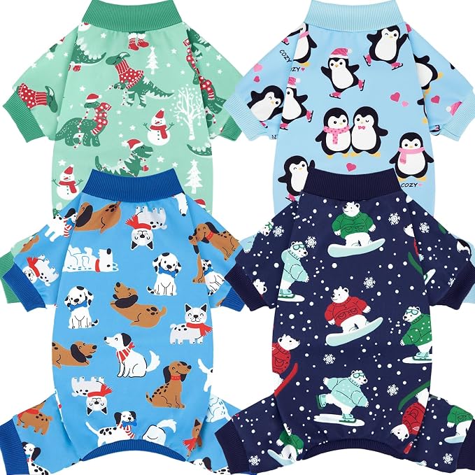 XPUDAC 4 Pack Dog Pajamas Cute Dog Clothes for Small Medium Dogs Boy Stretchy Soft Pjs Jammies Outfit Puppy Onesies for Winter, XS