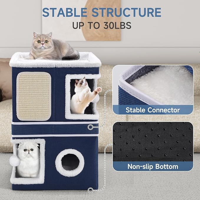 Shikha 2 Story Cat House beds for Indoor Cats with Scratch Pads Blue | 2 in 1 Dual Use Double Cat Bed Cave for Multiple Pets Kitten, Elevated Perch for a Wide View, All Season Reversible Cushion