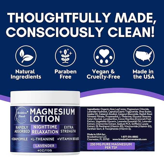 Nighttime Magnesium Lotion for Sleep | Lavender Magnesium Cream with L-Theanine & Chamomile | Topical Cream for Relaxation Adults & Kids | Non-Greasy, Vegan, Made in USA | 4oz by Brookethorne Naturals