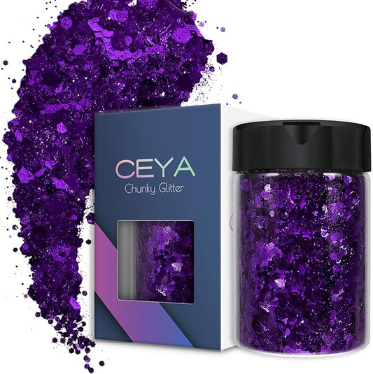Ceya Chunky Glitter, 4.9oz/ 140g Violet Jade Craft Glitter Powder Mixed Fine Flakes Iridescent Nail Sequins for Nail Art, Hair, Epoxy Resin, Tumblers, Slime, Painting, Festival Decor