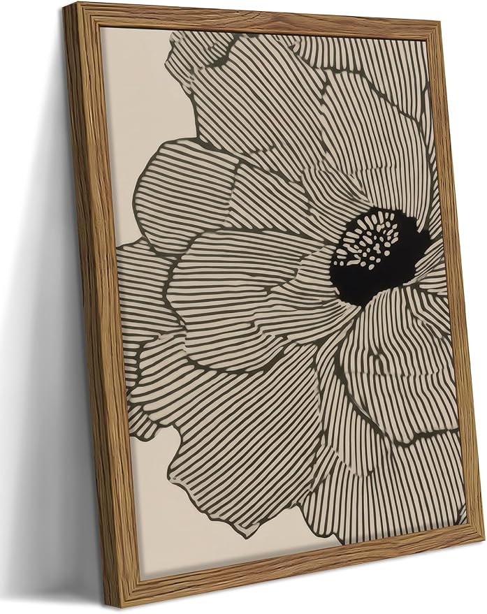 Framed Abstract Floral Wall Art, Neutral Line Flower Canvas Wall Decor Painting, Modern Minimalist Botanical Poster Print Picture for Living Room Bedroom Bathroom 12x16 Inch