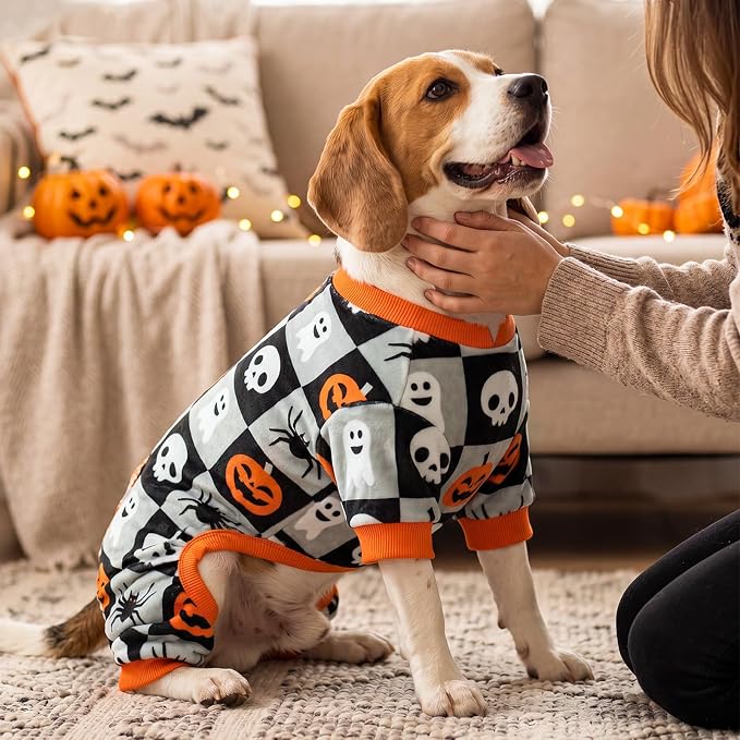 KYEESE Dog Halloween Pajamas for Small Dogs, Checkered Pumpkin Ghost | Cozy Halloween Outfit, Great for Halloween Photos, 4-Way Stretch, Lightweight & Breathable, Gentle on Sensitive Skin