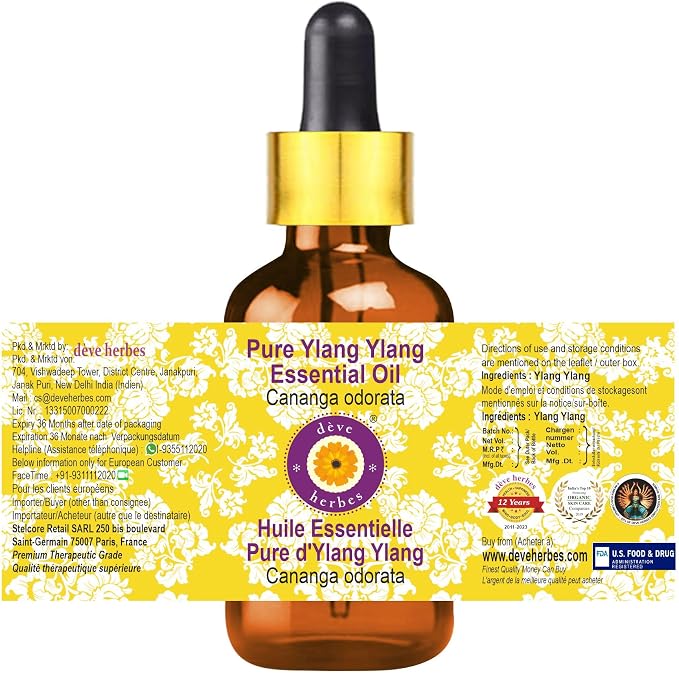 Deve Herbes Pure Ylang Ylang Essential Oil (Cananga odorata) with Glass Dropper Steam Distilled 10ml (0.33 oz)