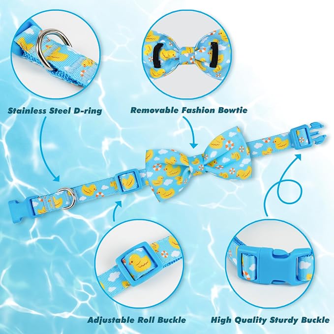 azuza Dog Collar with Bow Tie, Soft and Comfortable Adjustable Bowtie Dog Collar for Small Dogs (S, Yellow Duck)