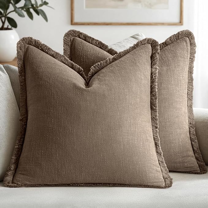 MIULEE Linen Decorative Fall Euro Throw Pillow Covers Cocoa Brown 28x28 | Set of 2, Cottagecore Decor, Boho Farmhouse Neutral Pillow Covers, Rustic Fall Fringe Couch Cushion for Sofa Bed Living Room
