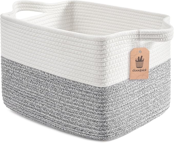 Goodpick Woven Storage Basket for Shelves, 13" x 10" x 9", Gray & White | Stylish Gift Basket for Home Decor, Cotton Rope Baskets for Toys, Towels & Shoes Storage, Closet & Shelf Organization
