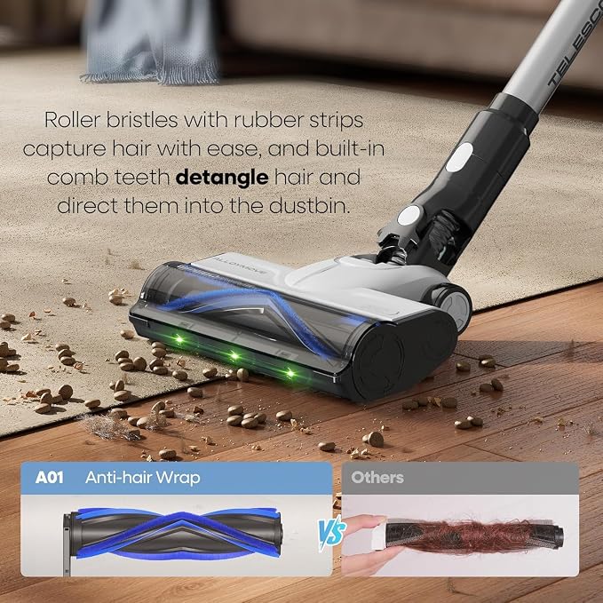 YONNDER Cordless Vacuum Cleaner, 550W 50KPA 70Mins Powerful Vacuum Cleaners for Home, with Anti-Tangle, LED Display Screen, Self-Standing Stick Vacuum for Hardwood Floors/Pet Hair/Carpet, M1, Silver