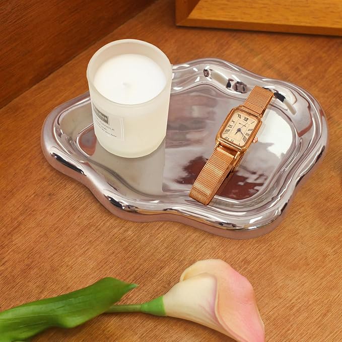 CCINPPY Ceramic Cloud Jewelry Tray Trinket Dish Key Bowl Nightstand Decor | Decorative Small Desk Tray Jewelry Plate Key Holder Bowl Cute Bedroom Room Decor Aesthetic, Gift for Women, Silver Large
