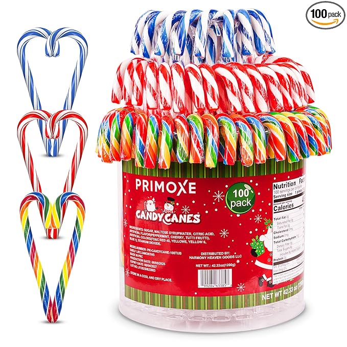 Christmas Candy Canes Assorted Flavors, Tutti Frutti, Blue & White Peppermint Sticks, Red Cherry Mix, Large Candy Canes Individually Wrapped Bulk Christmas Candy for Décor, Parties & Gifts – 100 Count