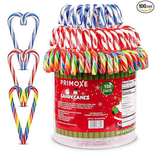 Christmas Candy Canes Assorted Flavors, Tutti Frutti, Blue & White Peppermint Sticks, Red Cherry Mix, Large Candy Canes Individually Wrapped Bulk Christmas Candy for Décor, Parties & Gifts – 100 Count