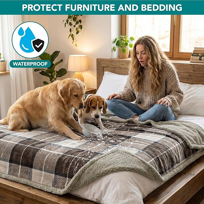 PetAmi Waterproof Dog Blanket for Large Dog Cat Pet, 60x80, Plaid Taupe | 460 GSM Sherpa Fleece Reversible, Pee Proof, Furniture Protector Cover for Couch Sofa Bed Kennel, Washable, Extra Large