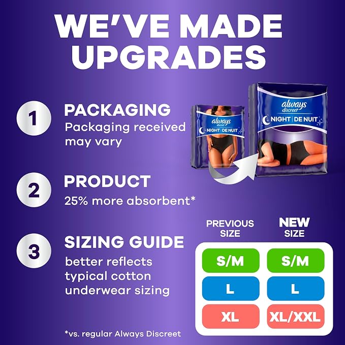 Always Discreet Night, Reimagined Adult Diapers for Women, Extended Overnight Absorbency Incontinence and Postpartum Underwear Size XL/XXL, 360 Degree Coverage While Laying Down, 48 Count