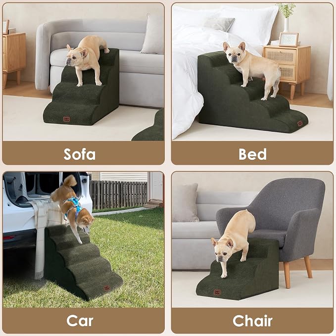 EHEYCIGA Curved Dog Stairs Ramp, 4-Step High Beds, 19.7" H Pet Step | 33D density of pure foam, for Small Dogs and Cats, Pet Stairs for High Bed Climbing, Non-Slip Balanced Indoor, Military Green