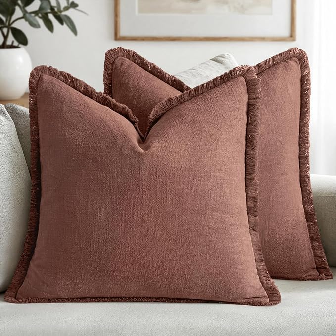 MIULEE Linen Fringe Decorative Fall Throw Pillow Covers Autumn Glaze 18x18 | Set of 2, Cottagecore Decor, Boho Farmhouse Neutral Pillow Covers, Rustic Fall Couch Cushion Cases for Sofa Bed Living Room