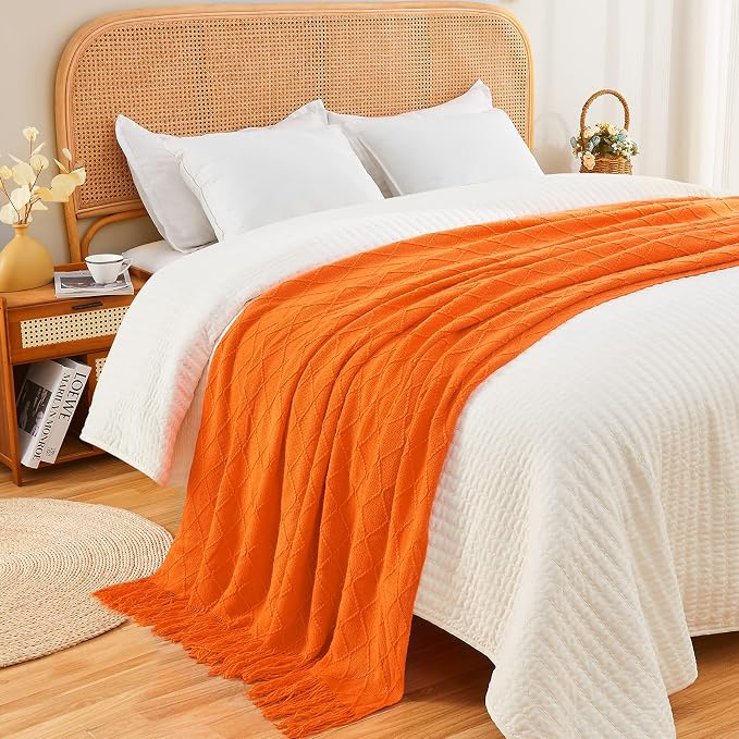 inhand Burnt Orange Knitted Throw Blanket for Couch and Bed, 60"x80" | Fall Halloween Decor, Soft Living Room Home Decor Knitted, Outdoor Lightweight Autumn, Farmhouse Warm Fall Decoration Indoor