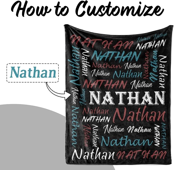 Personalized Name Throw Blanket, Custom Black Theme Light Soft Flannel Fleece Throw Blanket for Men Women Boys Girls Kids, Customized Name Gifts for Birthday Christmas Valentines Day