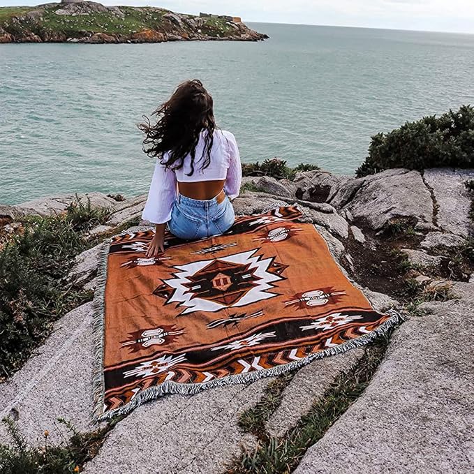 Aztec Throw Blanket Native American Blanket Southwestern Boho Decor Reversible Woven Tassels Mexican Blankets and Throws for Couch Bed Chair Wall Livingroom Outdoor Travel Brown 63"x87"
