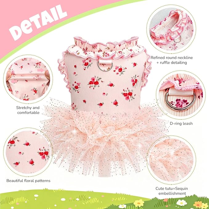 Dog Dresses for Small Dogs Girl,Floral Dog Tutu Dress,Pet Clothes for Puppy Small Cats Cute Dog Princess Skirt for Female Pet Birthday Party Outfit（Pink,XX-Large）