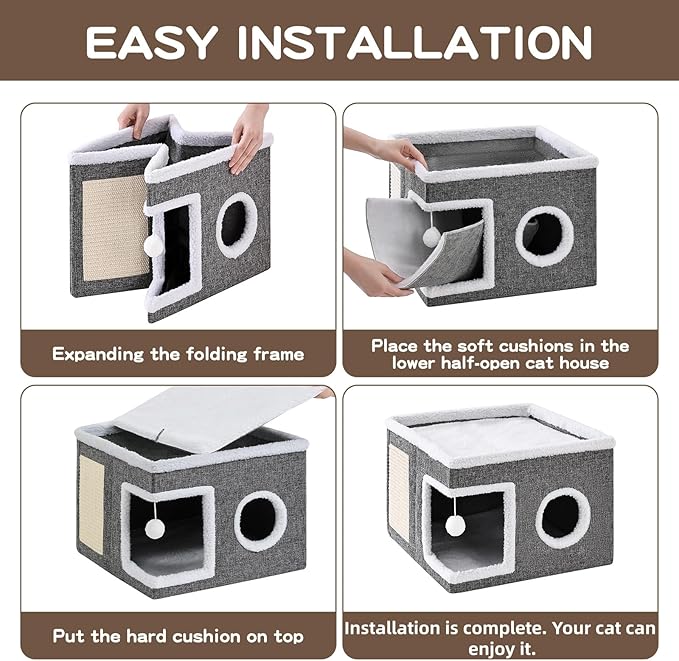 Large Cat Houses for Indoor Cats with Fluffy Ball and Scratch Pad | Foldable Cat Bed Cave for Multiple Pets, Kitten Bed for All Seasons, Non-slip, Hold Up to 30LBS, 16x16x13inch, Grey