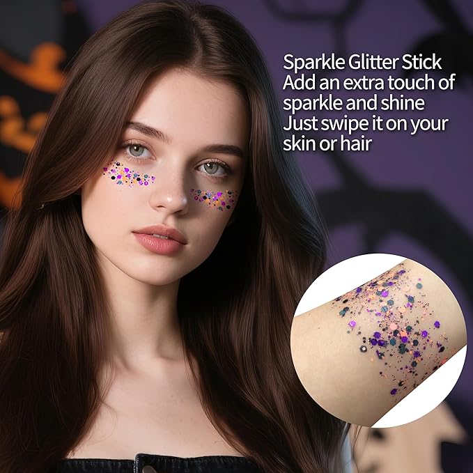 MEICOLY Black Purple and Orange Face Glitter Stick,Halloween Hair Glitter Stick for Kids and Women,Sparkle Chunky Body Glitter Makeup for Party Festival