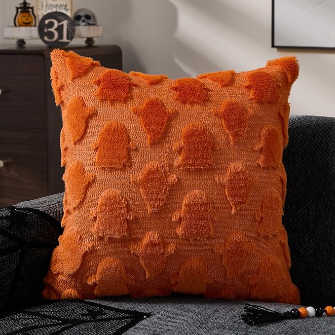 DFXSZ Halloween Pillow Covers 18x18 inch 2Pcs Orange Ghost Halloween Decor | Halloween Decorations Set of 2 Throw Pillow Cases Plush Faux Fur Wool Cushion for Chair Sofa Bedroom Living Room Home Decor