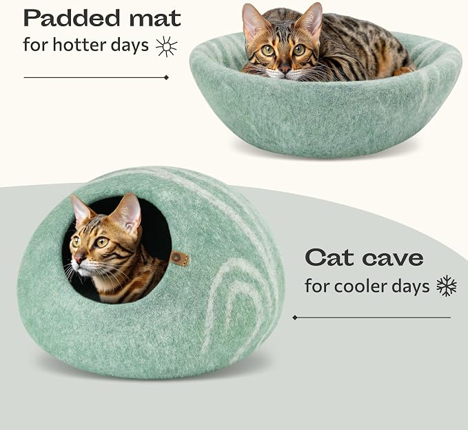 Cat Cave - Merino Wool Bed for Indoor Cats (Pistachio, Medium) | Cat Bed Enclosure, Premium Felt, Handmade, Super Soft, Lightweight, Breathable, Adjustable Shape