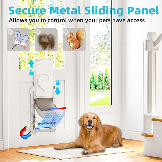 MIAOTONG 3-Flap Steel Large Dog Door for Door with Metal Sliding Lock Panel | Energy-Efficient Insulated Pet Door, Extreme Weather Doggy Door with Telescoping Tunnel, Never Rust （Pets Up to 100 Lb）