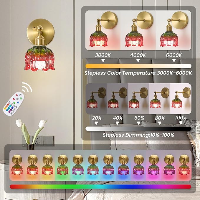 Vintage Battery Operated Wall Sconce:Set of 2 Rechargeable Strawberry Light | 5000mAh Flower Glass Cordless Mounted Lighting, Wireless Dimmable Powered Gold Sconces, Remote Control, Bedroom Bedside Decor
